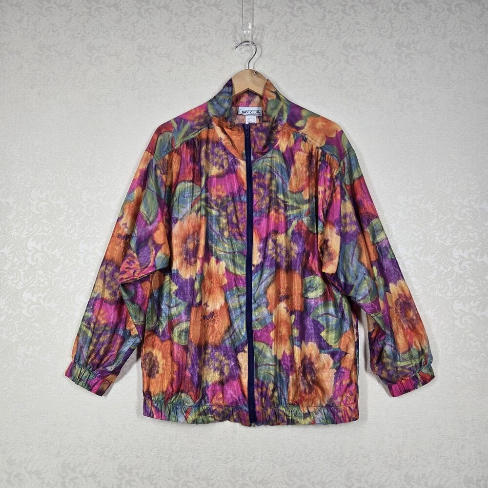 Vintage 90s Bay Club Windbreaker Jacket M Bold Floral Watercolor Retro Zip Up